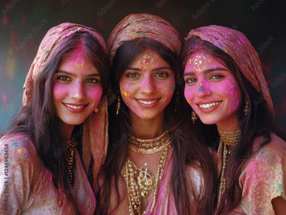 Fototapeta premium Three women dressed in vibrant festival attire, wearing colorful face paint with broad smiles. They are embracing a joyful cultural celebration.