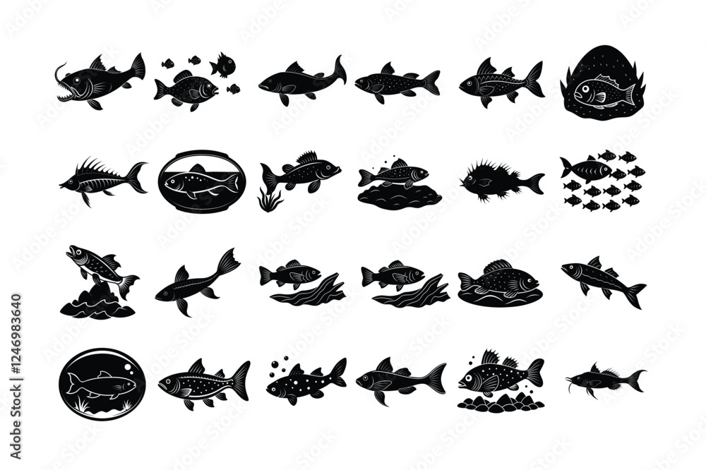 Naklejka premium set of 24 Silhouette vector Collection of Fish