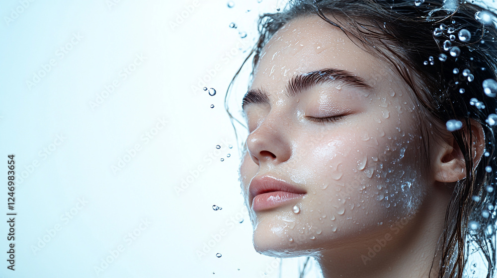 Close-up of a woman enjoying a refreshing water splash on her face while relaxing in a serene environment