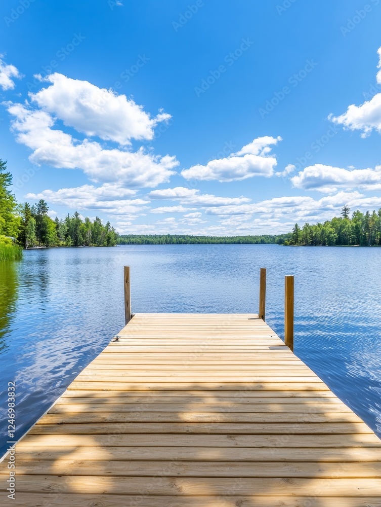 Fototapeta premium Serene Wooden Pier on Calm Lake under Azure Sky - A tranquil scene of a wooden pier extending into a calm lake with reflections of fluffy clouds and lush trees in the azure sky. Ideal for relaxation a