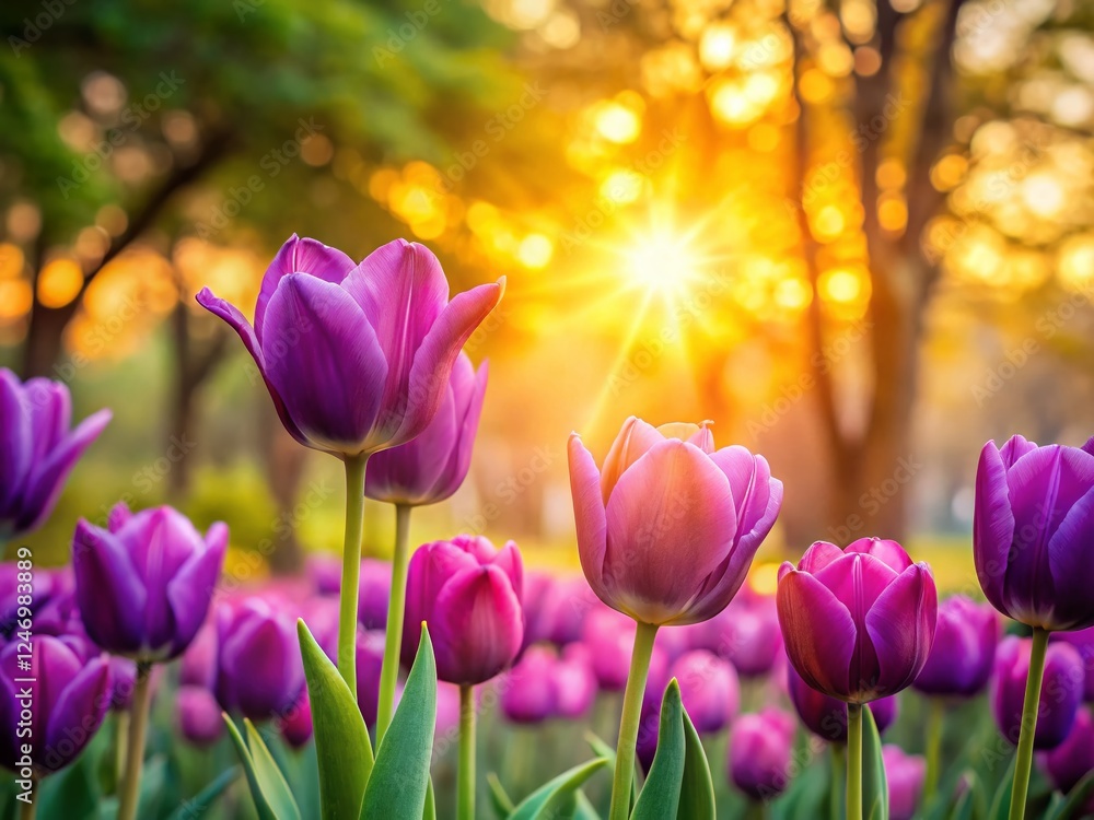Spring Banner: Purple Tulips Sunset Double Exposure Garden Photography Spring Banner: Purple Tulips Sunset Double Exposure Garden Photography