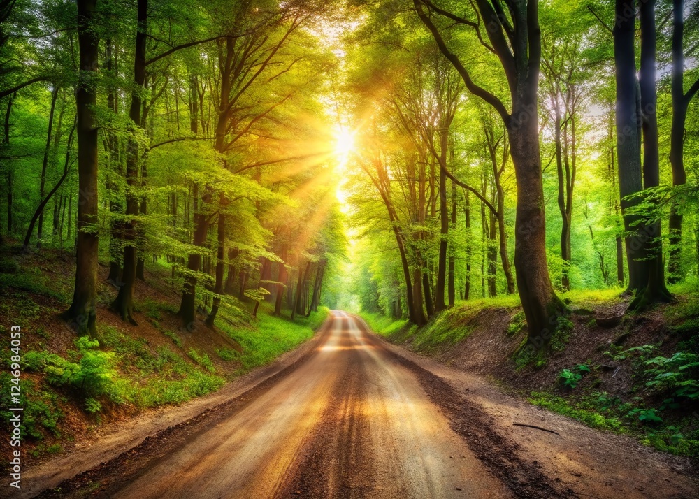 Obraz premium Spring Forest Dirt Road, Pothole Landscape, Nature Photography