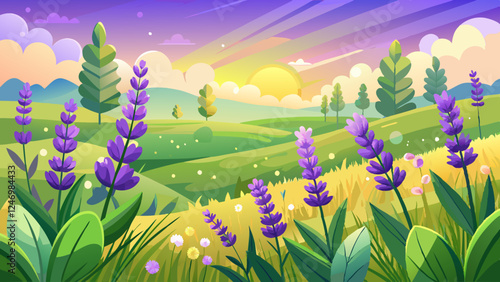 Blooming lavender flowers in a field with a peaceful, tranquil background of green and yellow bokeh, eliciting the beauty of nature