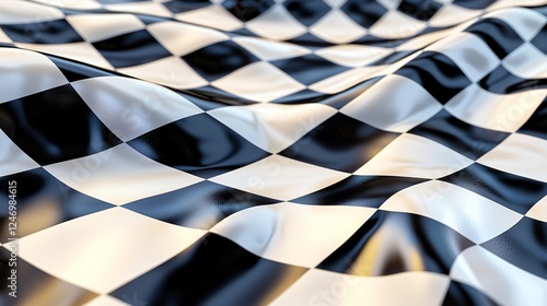 Checkered flag waves, race finish, victory, sport background