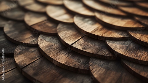 An up-close photograph of a shingled roof made of wood
