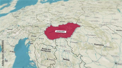 Borders of the state of Hungary on the map. Country Hungary on the map is highlighted by a polygonal border. From above zooming in with panoramic view
