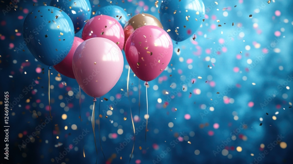 Pink, blue balloons; confetti; celebration; bokeh background; party Pink, blue balloons; confetti; celebration; bokeh background; party