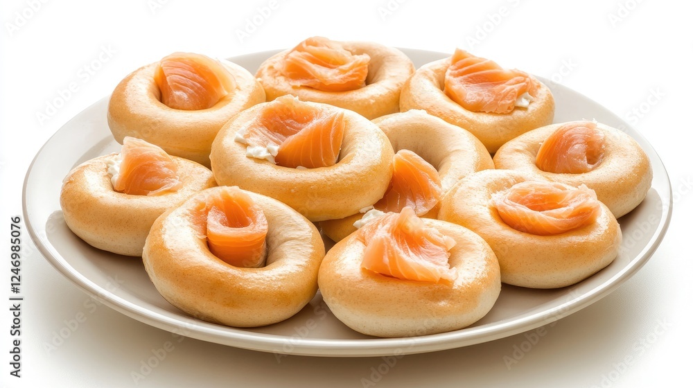A plate of bagels with cream cheese and smoked salmon on a white background A plate of bagels with cream cheese and smoked salmon on a white background