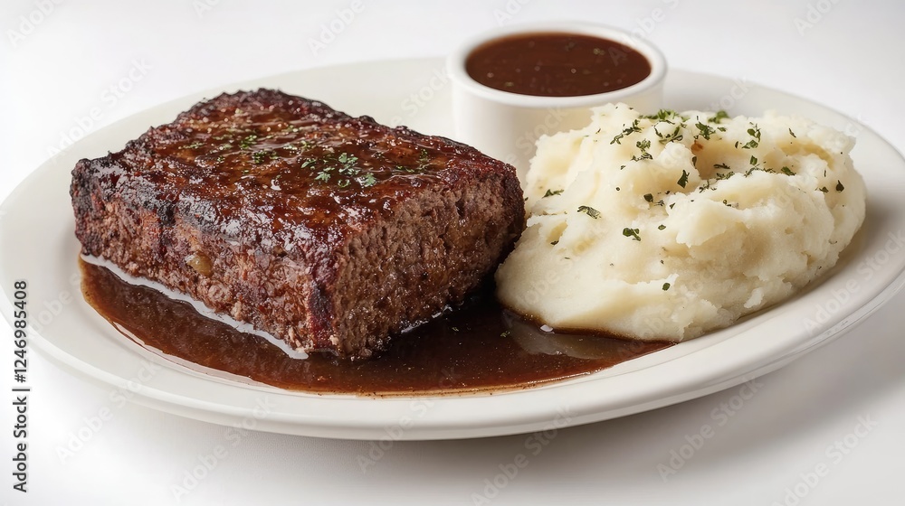A plate of classic meatloaf served with mashed potatoes and gravy on a white background A plate of classic meatloaf served with mashed potatoes and gravy on a white background