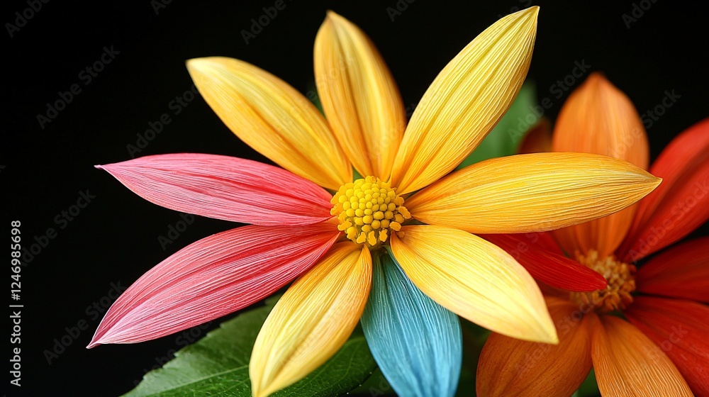 Colorful Flower Bloom Composition with Vivid Petal Spectrum on Dark Background Harmony and Contrast. Colorful Flower Bloom Composition with Vivid Petal Spectrum on Dark Background Harmony and Contrast.