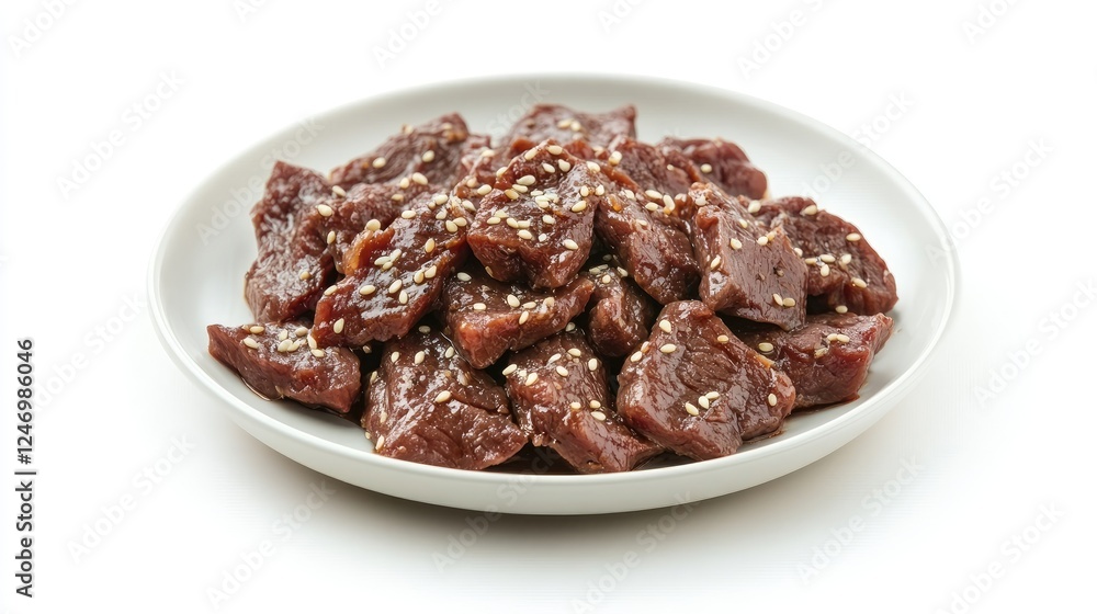 A plate of Korean bulgogi (marinated beef) garnished with sesame seeds on a white background. A plate of Korean bulgogi (marinated beef) garnished with sesame seeds on a white background.
