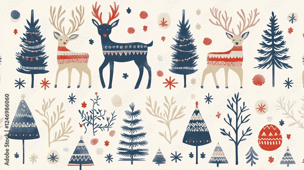 A hand-drawn folk art pattern featuring deer, trees, and geometric shapes A hand-drawn folk art pattern featuring deer, trees, and geometric shapes