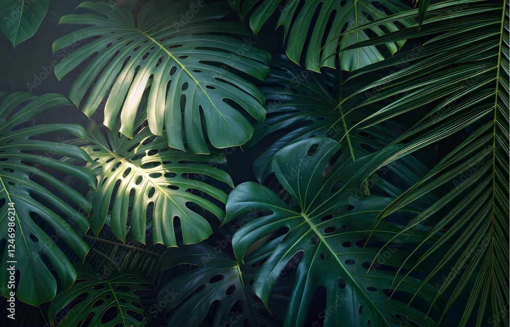 Fototapeta premium Lush tropical foliage with varying shades of green in a misty background for an exotic vibe 
