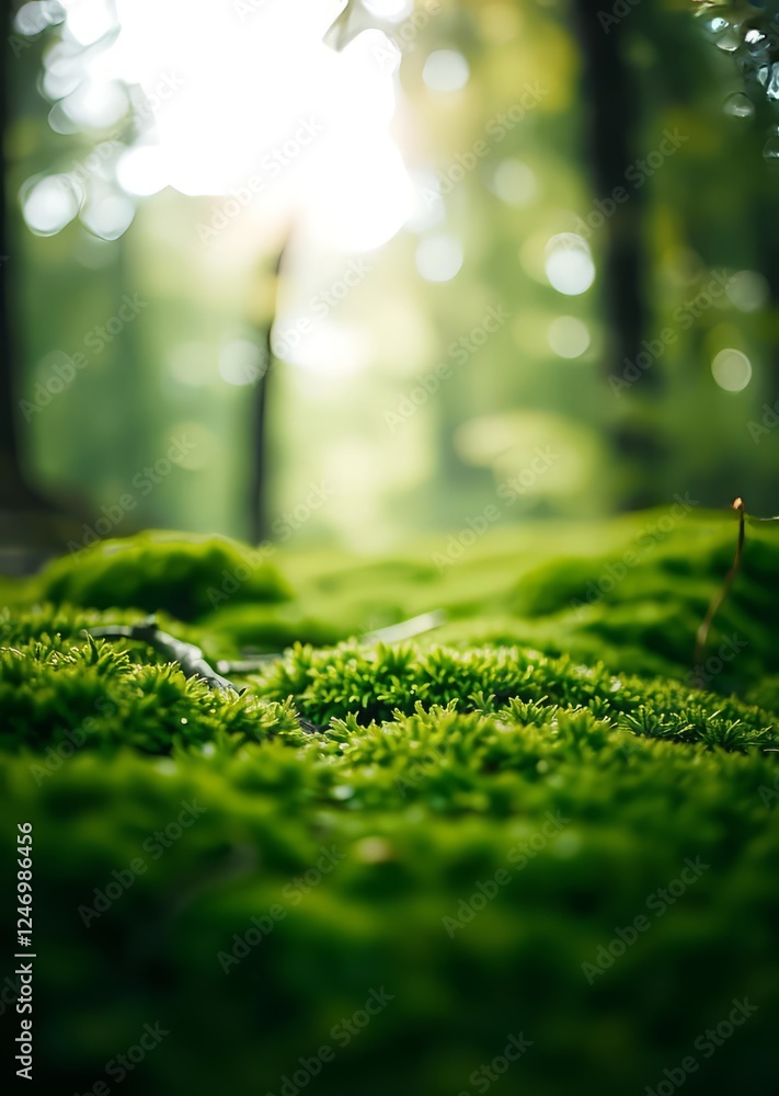 Naklejka premium Lush green moss covering the forest floor with a shallow depth of field and blurred background bokeh green bokeh green abstract background light bright blur pattern