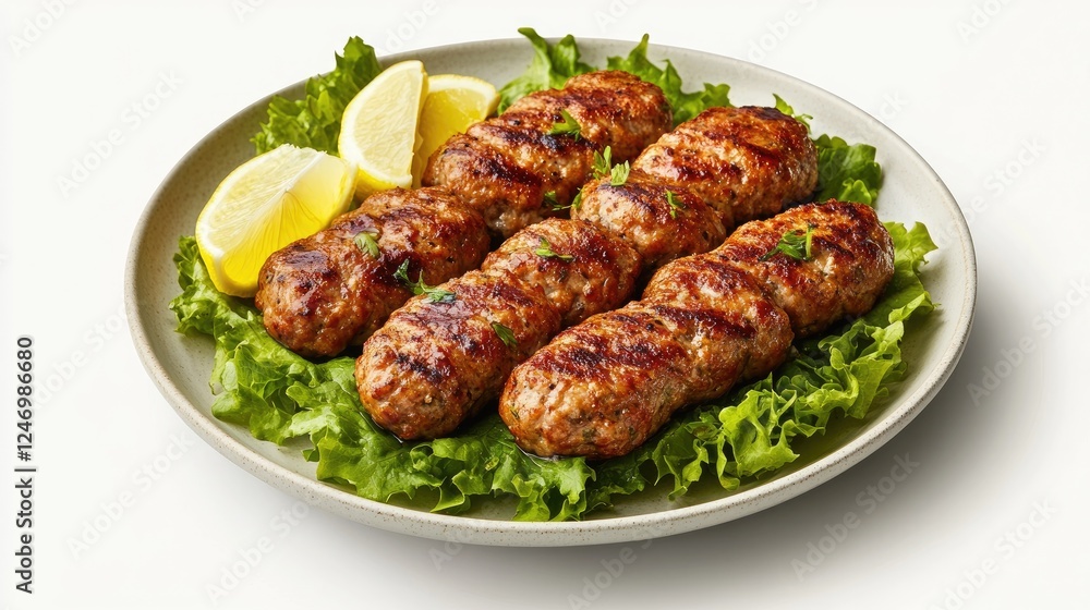 A plate of Turkish e served with lettuce and lemon wedges on a plain white backdrop. A plate of Turkish e served with lettuce and lemon wedges on a plain white backdrop.