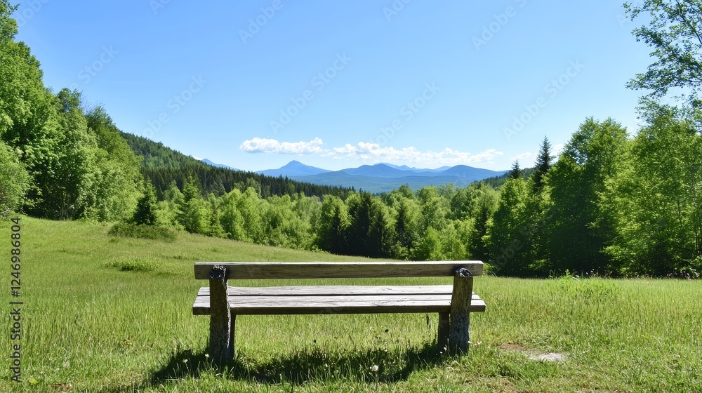 Scenic View of Bench in Nature with Mountains - A tranquil scene featuring a wooden bench overlooking a lush green landscape and mountains in the distance under a clear blue sky. Scenic View of Bench in Nature with Mountains - A tranquil scene featuring a wooden bench overlooking a lush green landscape and mountains in the distance under a clear blue sky.