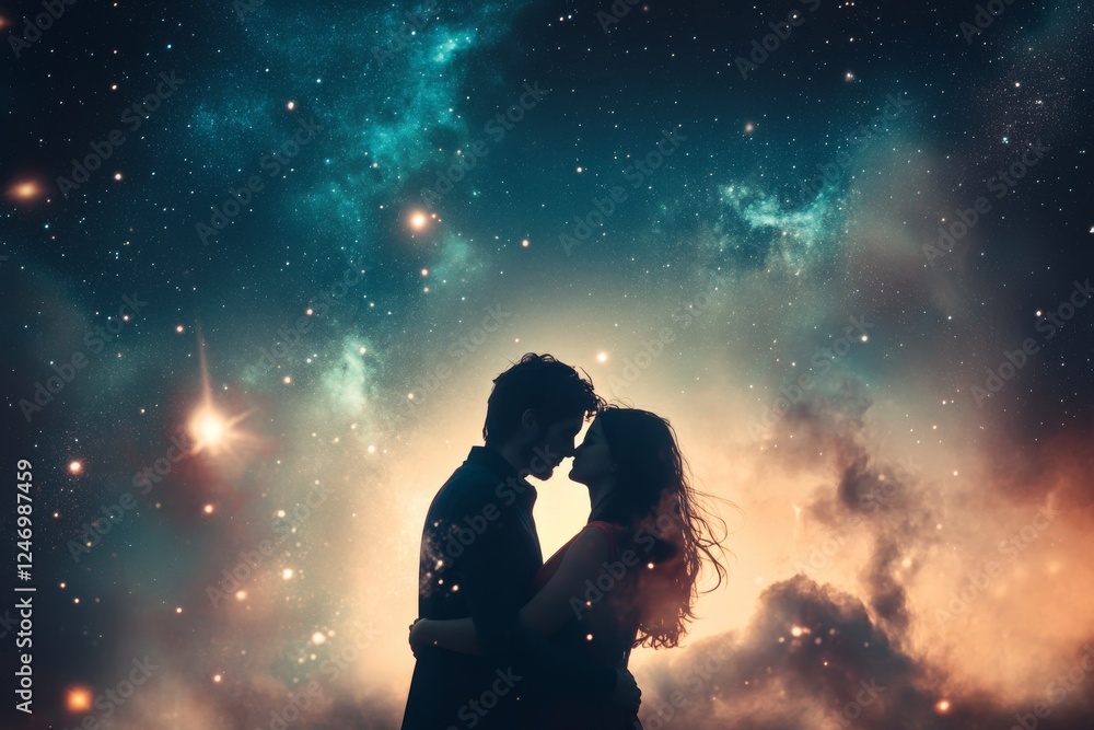 'A couple sharing a kiss in front of the cosmic backdrop, illuminated by celestial bodies and clouds against a stylized night sky 'A couple sharing a kiss in front of the cosmic backdrop, illuminated by celestial bodies and clouds against a stylized night sky
