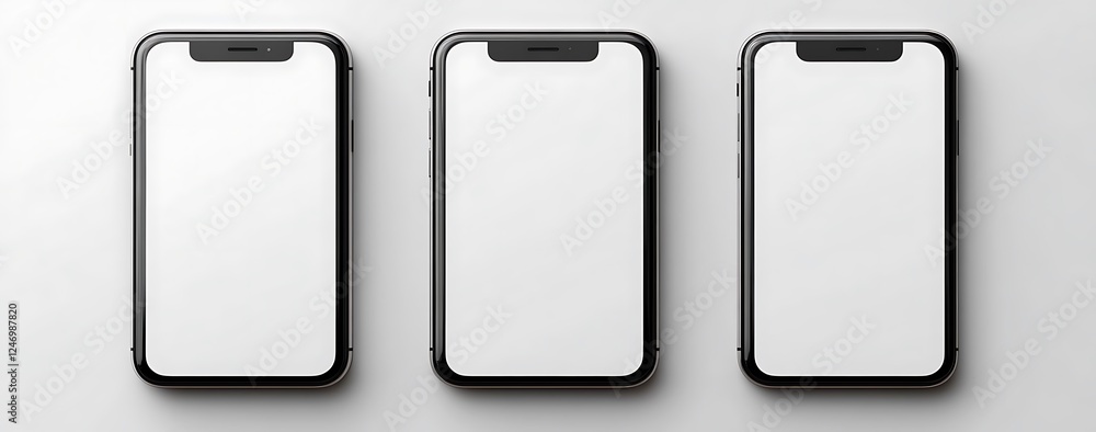 Three Blank Smartphone Displays on a Light Gray Surface Three Blank Smartphone Displays on a Light Gray Surface
