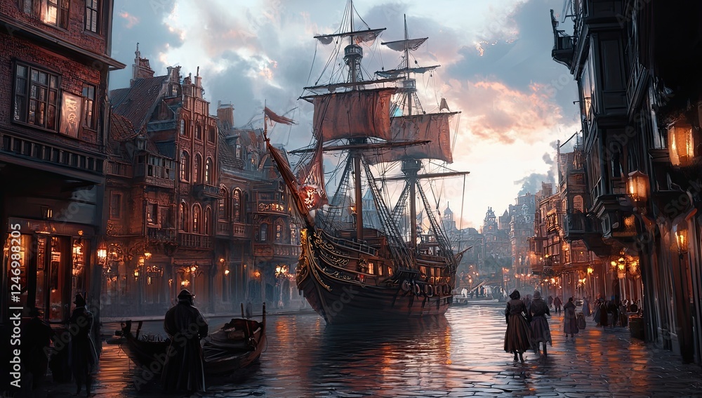 Fototapeta premium A scene from a painting: a pirate ship in a town alongside the sea, with individuals walking around, and one person on the sidewalk in front of a building