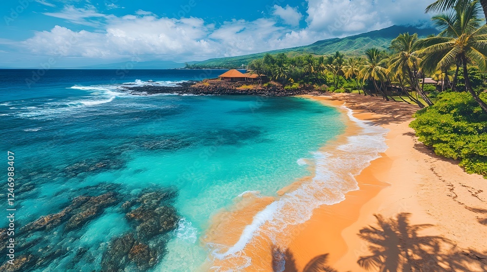 Obraz premium Breathtaking Aerial View of Tropical Coastline with Turquoise Waters and Lush Palm Trees in Paradise