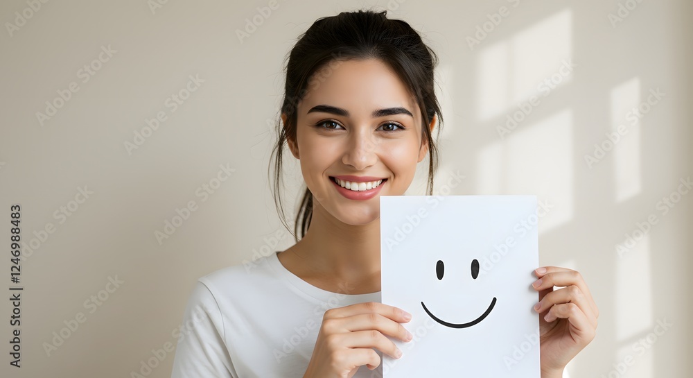 Radiant woman embraces positivity with smile drawing on paper card Radiant woman embraces positivity with smile drawing on paper card