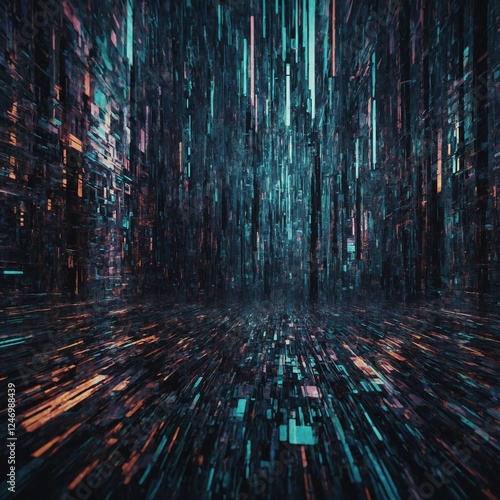 A cybernetic dreamscape of shifting, glitchy pixel patterns.