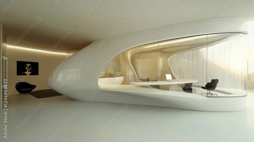 A sleek and minimalist workspace with an open layout, characterized by clean lines and glass partitions that enhance transparency and a sense of space A sleek and minimalist workspace with an open layout, characterized by clean lines and glass partitions that enhance transparency and a sense of space