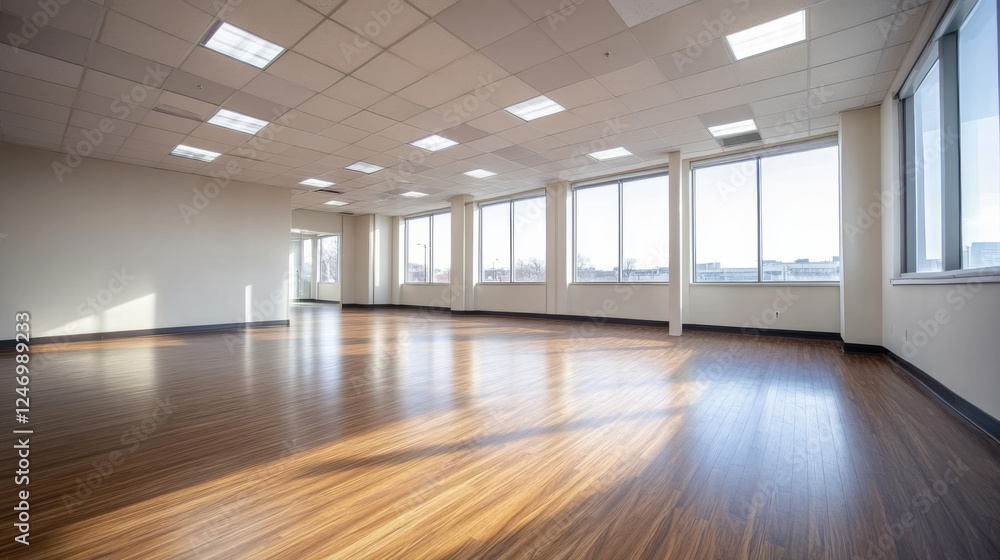 A spacious and modern office environment featuring bright LED lighting, large windows that allow abundant natural daylight, and sleek wood flooring