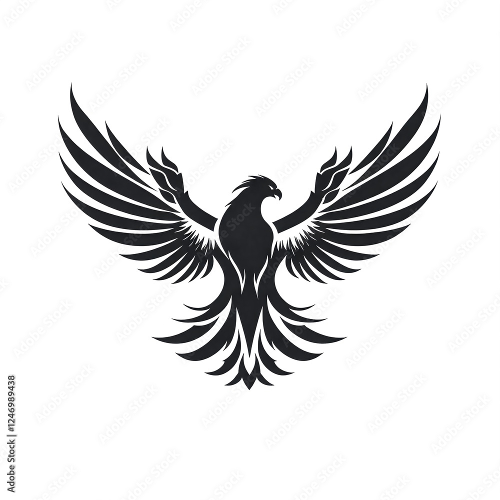 Fototapeta premium Black phoenix illustration with wings spread on white background