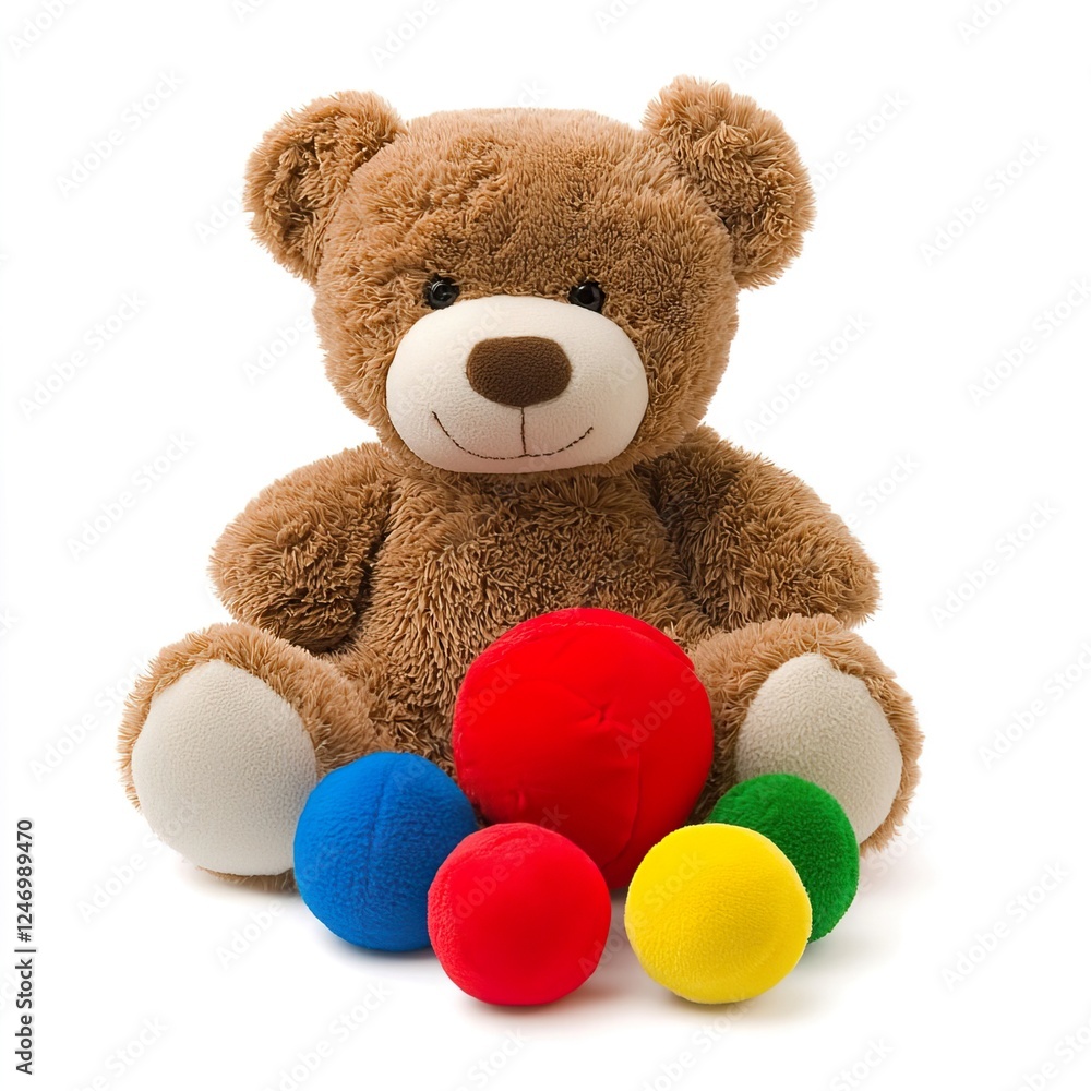 Obraz premium Adorable Teddy Bear Surrounded by Colorful Balls for Kids Fun