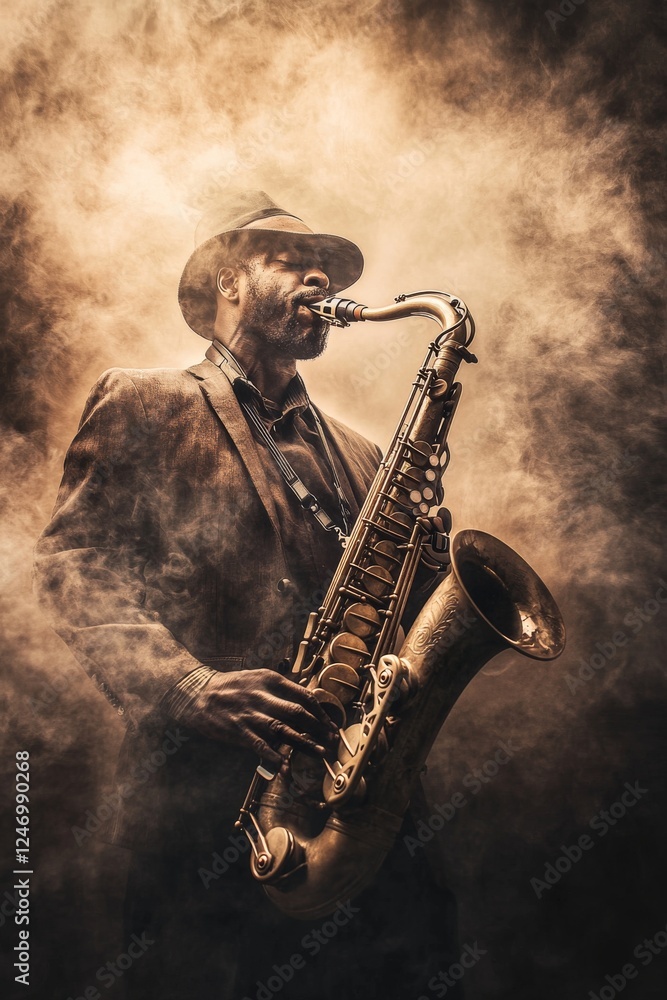 Fototapeta premium Man in fedora playing saxophone amidst foggy atmosphere