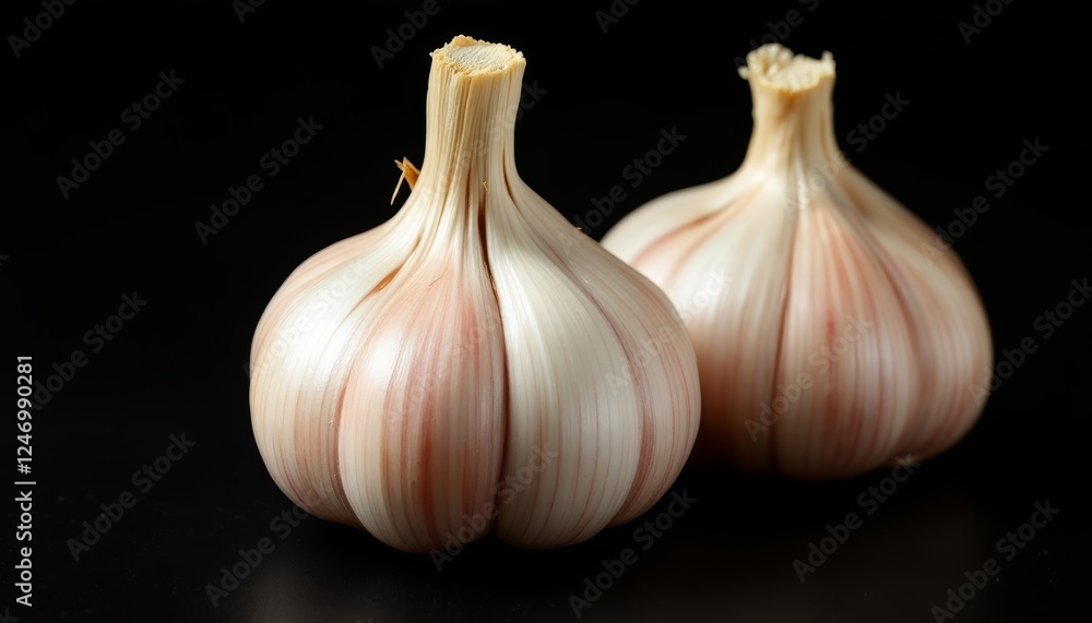 Obraz premium Close-up portrait of two garlic bulbs on a stark black backdrop