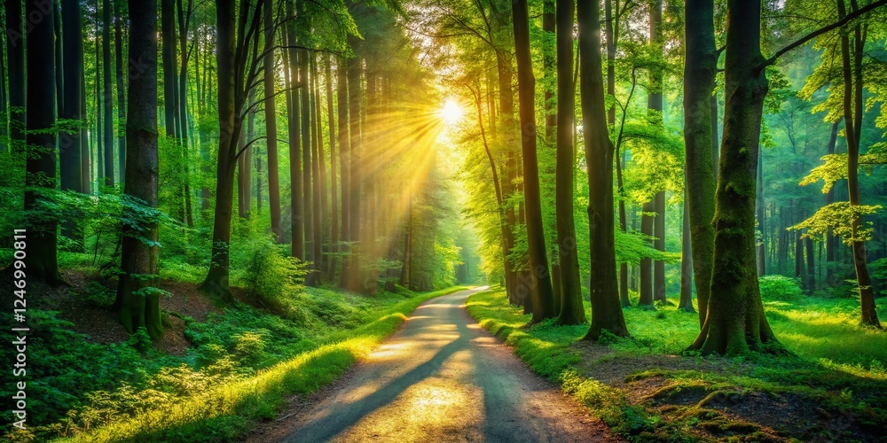 Naklejka premium Sunlit Path Through Lush Green Forest, Tranquil Nature Scene, Woodland Walkway