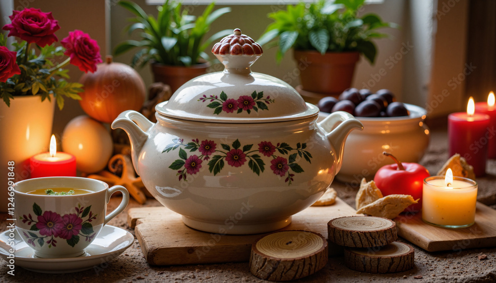 Decorative soup pot and teacup in cozy kitchen at twilight, warmth of home Decorative soup pot and teacup in cozy kitchen at twilight, warmth of home
