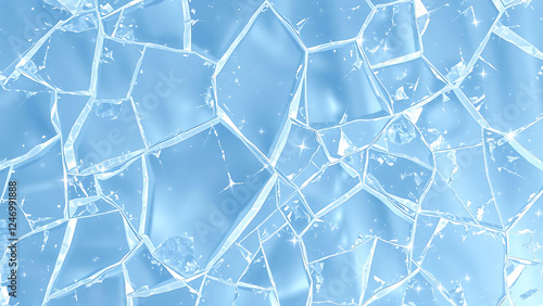 Close-up view of shattered glass or ice fragments with transparent texture set against a light blue background backdrop