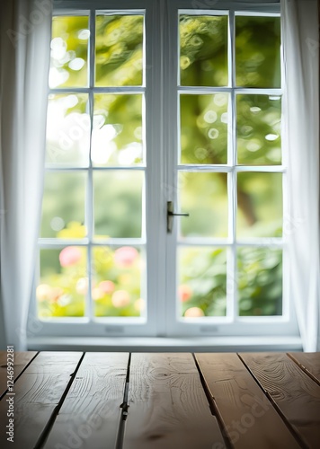 Blur background of white window glass and green view from garden with epty of wood table bokeh green bokeh green abstract background light bright blur pattern photo