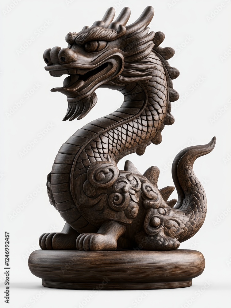 Obraz premium Elegant Wood Carved Dragon Sculpture - A beautifully crafted wooden dragon sculpture showcasing intricate details and a majestic design, perfect for home decor or artistic display.