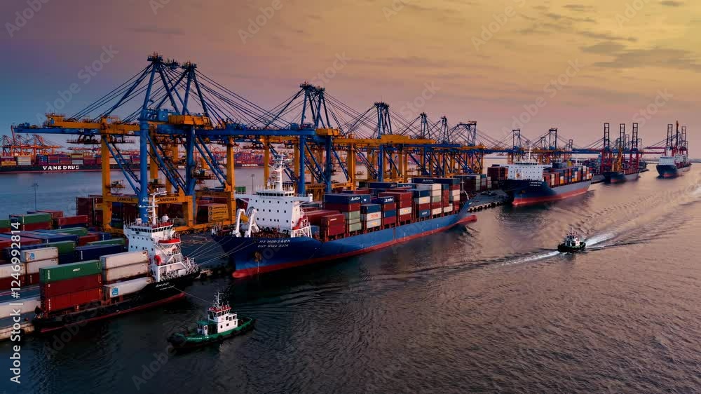 Bustling container port at sunset. Cargo ships and cranes in industrial harbor. Global trade and shipping logistics. Maritime commerce and transportation. Seaport operations