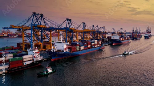 Bustling container port at sunset. Cargo ships and cranes in industrial harbor. Global trade and shipping logistics. Maritime commerce and transportation. Seaport operations