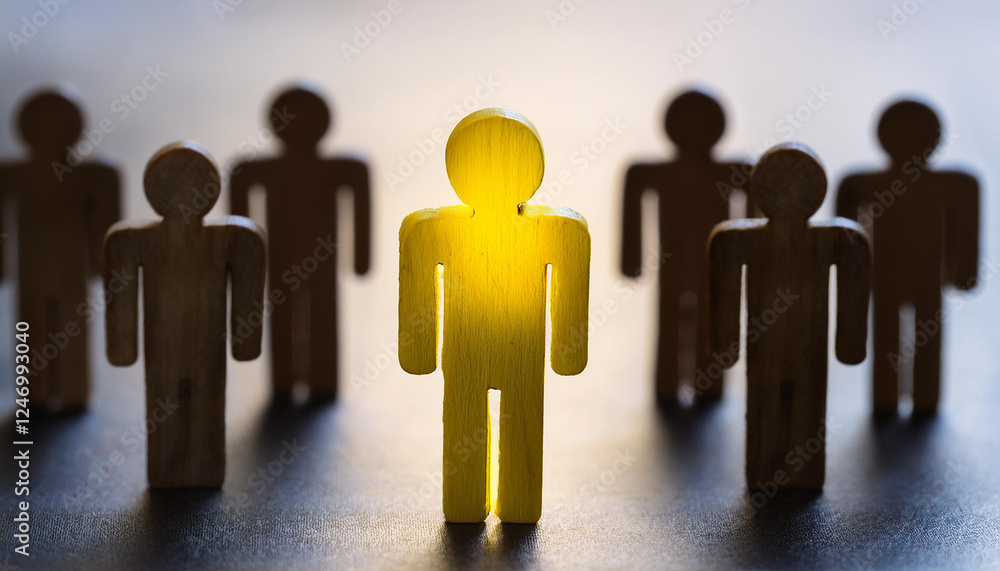 Yellow wooden figurine standing out in crowd. Leadership, uniqueness and individuality. Yellow wooden figurine standing out in crowd. Leadership, uniqueness and individuality.