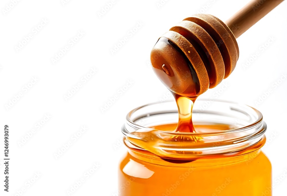 Honey dripping from a wooden dipper into a jar Honey dripping from a wooden dipper into a jar