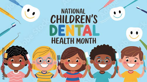 National Children's Dental Health Month lettering greeting poster with children holding toothbrush, generative ai