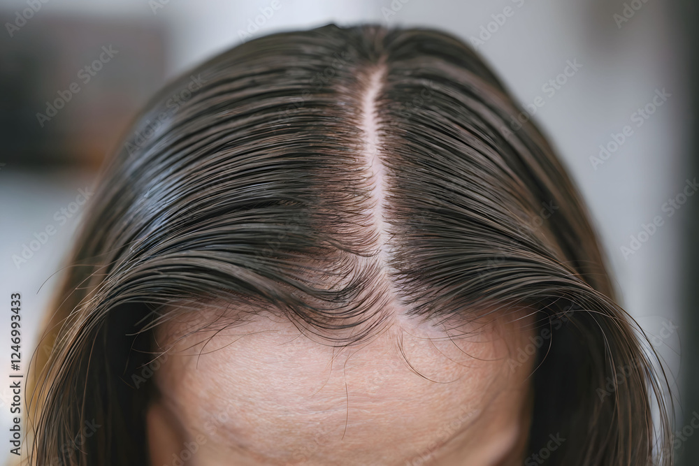 Close-Up Photograph of a Woman's Scalp with a Center Hair Part and Sleek Black Hair on a Neutral Background Close-Up Photograph of a Woman's Scalp with a Center Hair Part and Sleek Black Hair on a Neutral Background