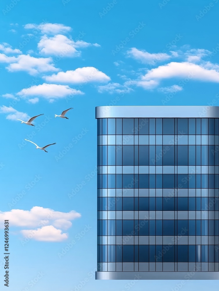 Modern Building with Blue Sky and Birds - A sleek modern building stands against a bright blue sky dotted with fluffy clouds and soaring birds, symbolizing urban life, tranquility Modern Building with Blue Sky and Birds - A sleek modern building stands against a bright blue sky dotted with fluffy clouds and soaring birds, symbolizing urban life, tranquility