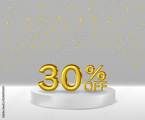 3D renders golden text 30% off podium with white background.