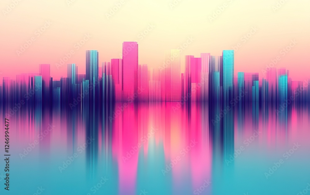 A vibrant city skyline reflected on water, featuring pink and blue hues, creating a dreamlike, atmospheric effect.