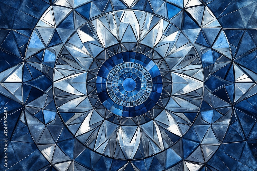 Naklejka premium Intricate mandala design with geometric shapes in shades of blue and silver