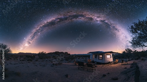Milky Way Arcs Over Desert Camper Van Campsite