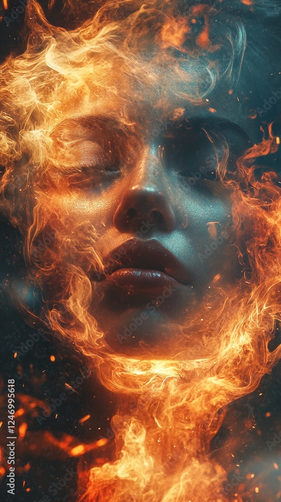 A woman's face surrounded by flames. A woman's face surrounded by flames.