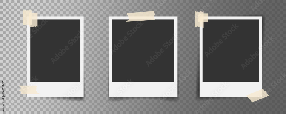 Realistic Photo cards with shadow fixed in adhesive tape on transparent background. Blank photograph template. Mockup for Design. Great for photo album, collage , social media Realistic Photo cards with shadow fixed in adhesive tape on transparent background. Blank photograph template. Mockup for Design. Great for photo album, collage , social media